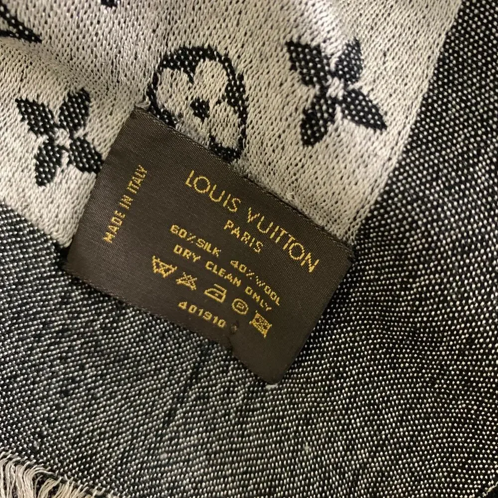 LOUIS VUITTON Silver Black Logo Silk Wool Scarf